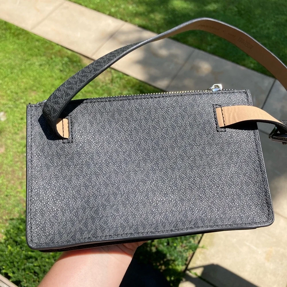 Michael Kors Black Logo Print Belt Bag Fanny Pack With Silver Pull Chain Small